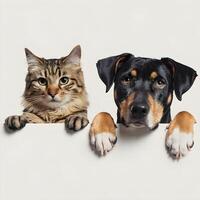 Cat and dog peek over white surface, curious expressions For Social Media Post Size photo