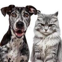 Playful dog beside focused cat, contrasting expressions For Social Media Post Size photo