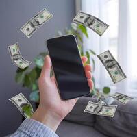 Hand holding smartphone, surrounded by floating US dollar bills in a living room For Social Media Post Size photo