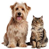 Golden dog and striped cat sit together, dogs tongue out, cat staring For Social Media Post Size photo