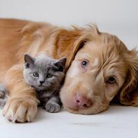 Golden puppy nuzzles gray kitten, both lying peacefully against a white background For Social Media Post Size photo