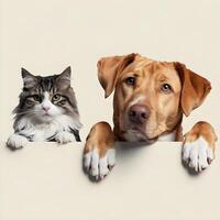 Dog and cat peek over a white surface, curious and reserved For Social Media Post Size photo