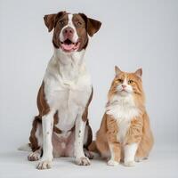 Joyful dog sits beside an attentive cat, both looking upwards, white background For Social Media Post Size photo