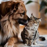 Large dog nuzzles small cat indoors, soft background hints at a plant For Social Media Post Size photo
