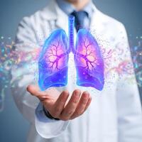 Medical professional holds out holographic lungs surrounded by colorful particles For Social Media Post Size photo