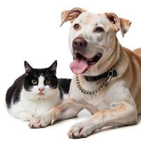 Light dog with chain collar lies next to black and white cat, white background For Social Media Post Size photo