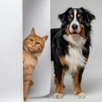 Ginger cat peeks from behind banner Bernese Mountain Dog stands beside it For Social Media Post Size photo