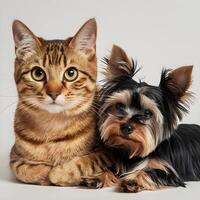 Close up of striped cat and Yorkshire Terrier, both relaxed against a white background For Social Media Post Size photo