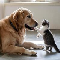 Golden Retriever lies as gray kitten stands, touching its nose, natural light behind For Social Media Post Size photo