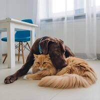Chocolate dog rests head on fluffy orange cat in room For Social Media Post Size photo
