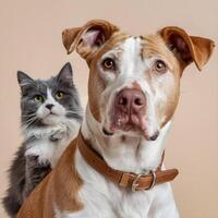 Tan dog and gray cat, both groomed and healthy For Social Media Post Size photo