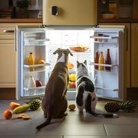Dog and cat peer into illuminated refrigerator, fruits scattered For Social Media Post Size photo