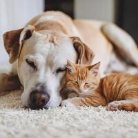 Dog and kitten sleep on white carpet, serene bond For Social Media Post Size photo
