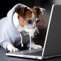 Jack Russell Terrier in hoodie and glasses intently looks at a laptop For Social Media Post Size photo