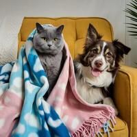 Gray cat in blanket on yellow couch, dog peeking out For Social Media Post Size photo