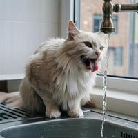 Light cat drinks from tap, kitchen or bathroom setting with outside glimpse For Social Media Post Size photo