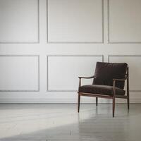 Wooden chair with dark cushion in a minimalist room with gray floor For Social Media Post Size photo