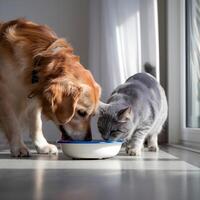 Golden Retriever and gray cat drink together from a white bowl, light streaming in For Social Media Post Size photo