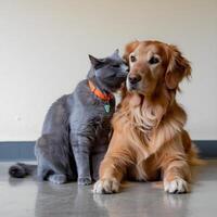 Gray cat nuzzles golden dog, both seated on a smooth floor, light wall behind For Social Media Post Size photo