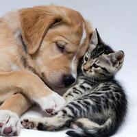 Golden puppy and striped kitten share a tender moment, resting together For Social Media Post Size photo