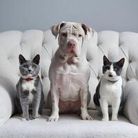 Dog with wrinkled skin sits between two collared cats, white plush sofa behind For Social Media Post Size photo
