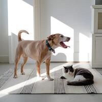 Dog mid yawn, relaxed cat on striped rug, sunlight streaming through window For Social Media Post Size photo