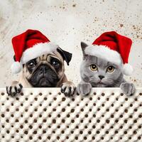 Pug and gray cat in Santa hats peek over a textured surface For Social Media Post Size photo