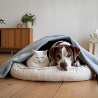 White cat and brown dog snuggled under gray blanket on soft white bed For Social Media Post Size photo