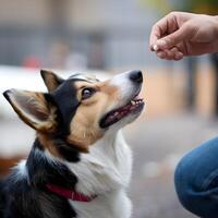 Tricolored dog looks up at hand holding small pill For Social Media Post Size photo