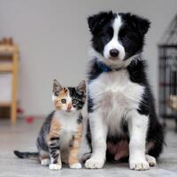 Border Collie puppy sits upright beside a multicolored kitten, contrasting furs For Social Media Post Size photo