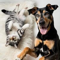 Dog and cat share a playful moment on a soft white surface For Social Media Post Size photo