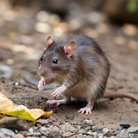 Brown rat stands cautiously on dirt with fallen leaf nearby For Social Media Post Size photo