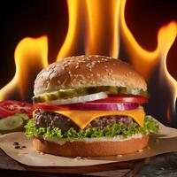 Burger on parchment paper with flames in the background For Social Media Post Size photo
