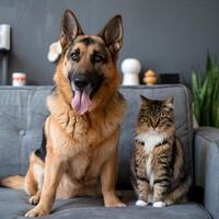 German Shepherd and tabby cat sit side by side on a gray couch For Social Media Post Size photo