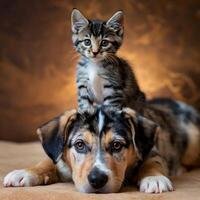 Tabby kitten atop mixed fur puppy, warm brown background highlighting calmness For Social Media Post Size photo