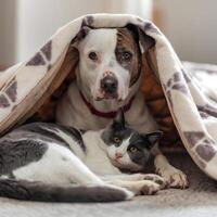 White dog snuggled under blanket beside gray cat For Social Media Post Size photo