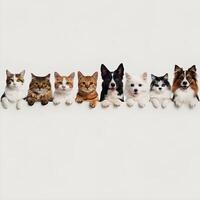 Row of eight cats and dogs peeking over a surface, facing the camera For Social Media Post Size photo