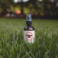 Spray bottle on lush lawn, labeled mosquito repellent with blurred green background For Social Media Post Size photo