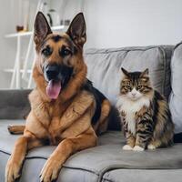 German Shepherd and tabby cat sitting side by side on a gray couch For Social Media Post Size photo