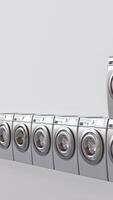 Row of washing machines, public laundry concept. Vertical picture with copy space. Commercial cleaning service. Laundromat. Shared amenities. Self-service, coin laundry, or coin wash. 3D render video