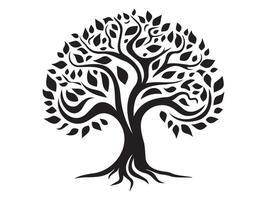Silhouette of an intricate tree with roots and leaves isolated on a white background. Concept of nature illustration, abstract art, minimalism, foliage vector