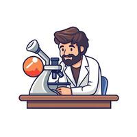 Scientist man in lab coat looking at microscope vector