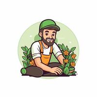 A man in an apron is sitting in the garden vector