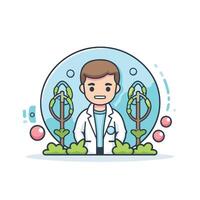 A man in a lab coat is standing in front of plants vector