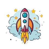 Cartoon rocket ship with stars and clouds vector