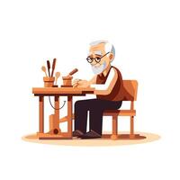 An old man sitting at a table with a pencil and a brush vector