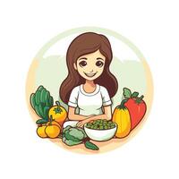 A woman is sitting at a table with vegetables vector