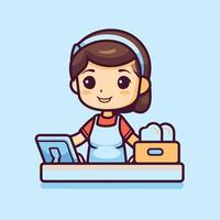 A woman in an apron is working at a cash register vector