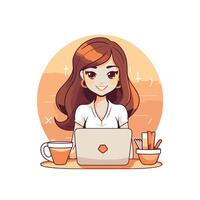 A woman is sitting at a table with a laptop vector