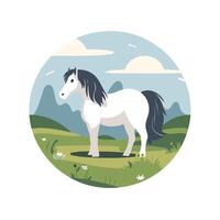 A horse standing in a field with mountains in the background vector